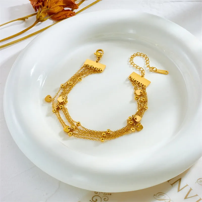 316L Stainless Steel Gold Color Multilayer Heart Chains Bracelet For Women