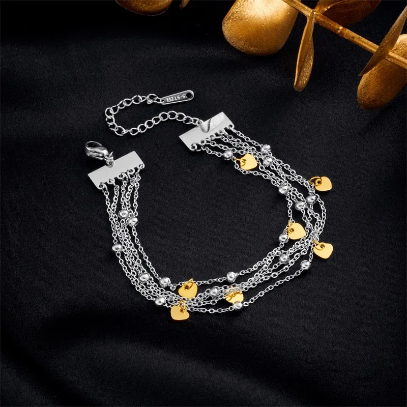 316L Stainless Steel Gold Color Multilayer Heart Chains Bracelet For Women
