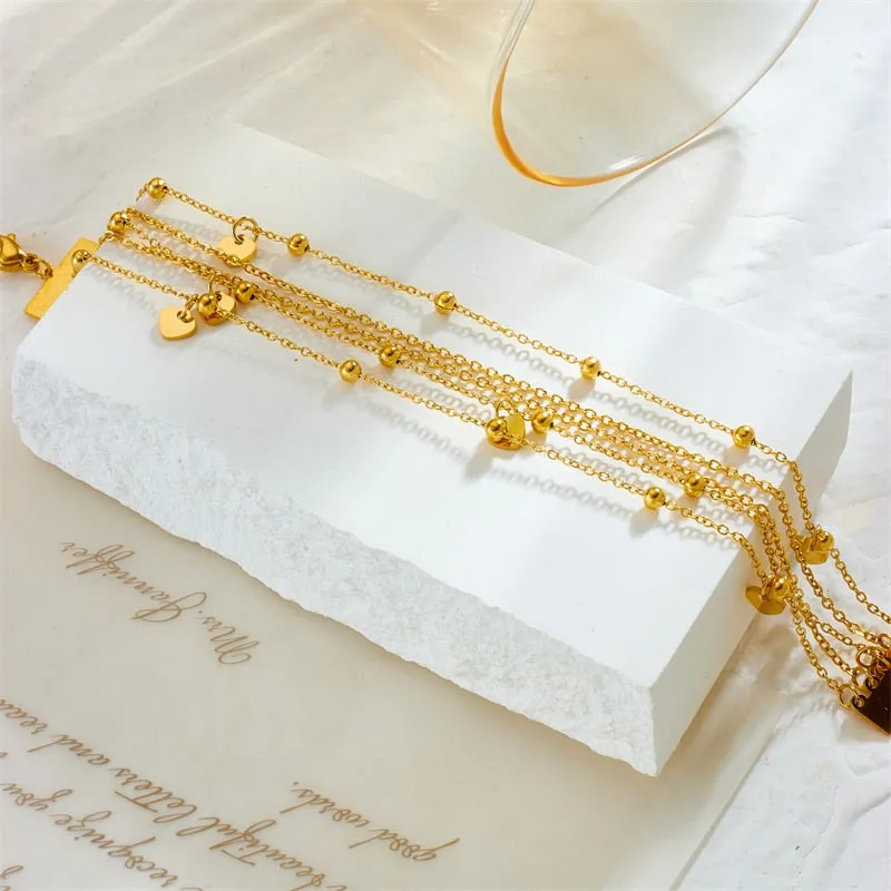 316L Stainless Steel Gold Color Multilayer Heart Chains Bracelet For Women