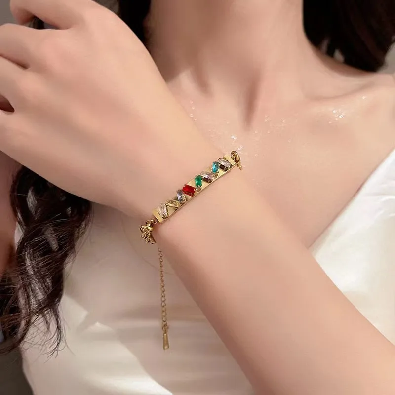 316L Stainless Steel high quality Colorful Square Zircon Charm Bracelet For Women
