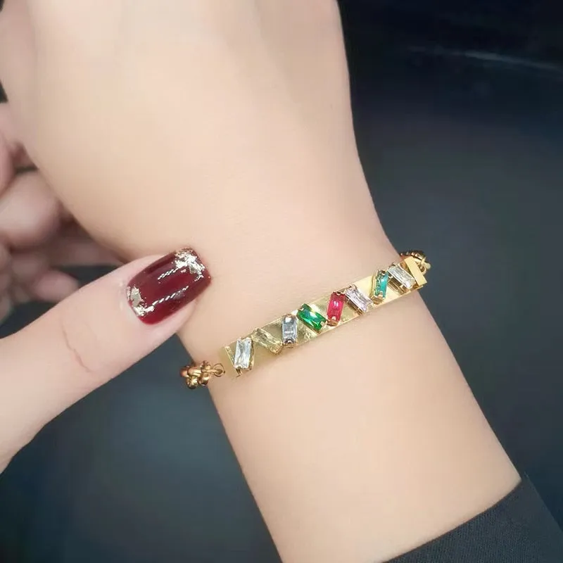 316L Stainless Steel high quality Colorful Square Zircon Charm Bracelet For Women