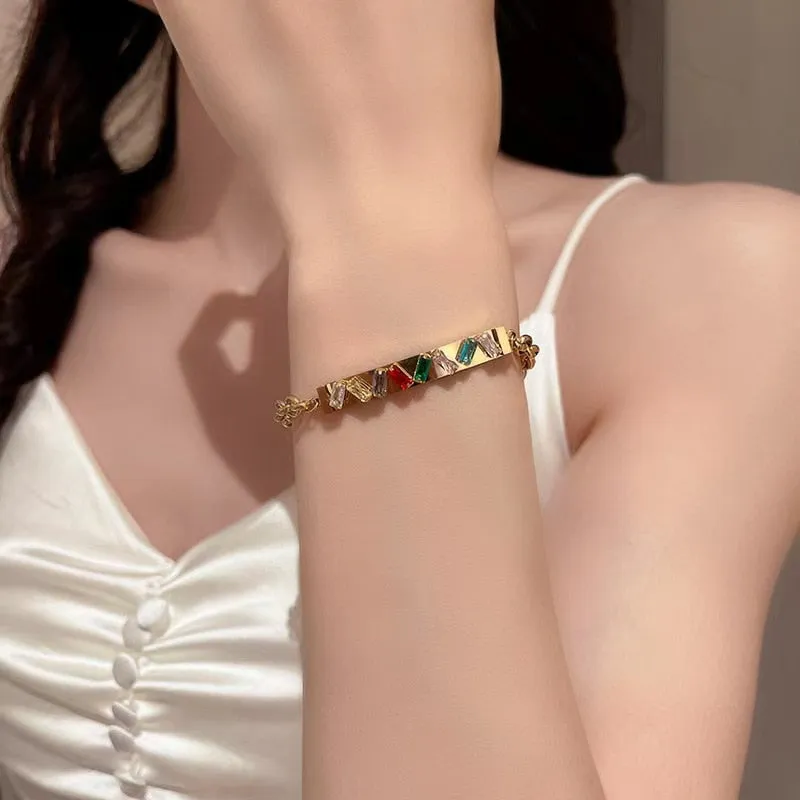 316L Stainless Steel high quality Colorful Square Zircon Charm Bracelet For Women