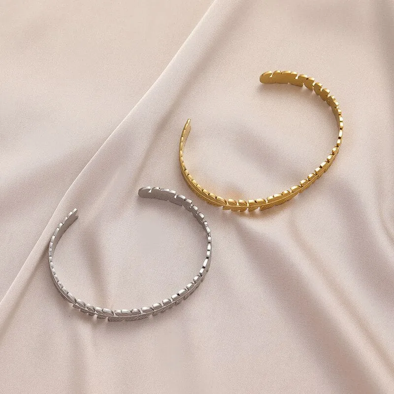 316L Stainless Steel Leaf Open Bangle For Women