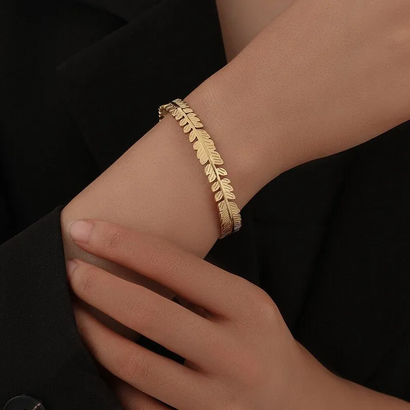 316L Stainless Steel Leaf Open Bangle For Women