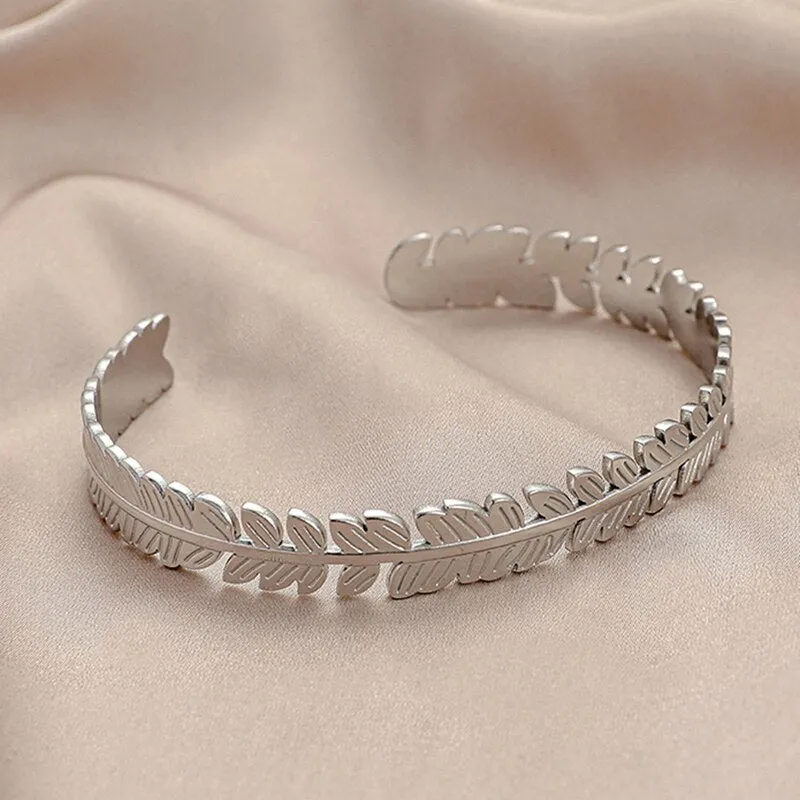 316L Stainless Steel Leaf Open Bangle For Women