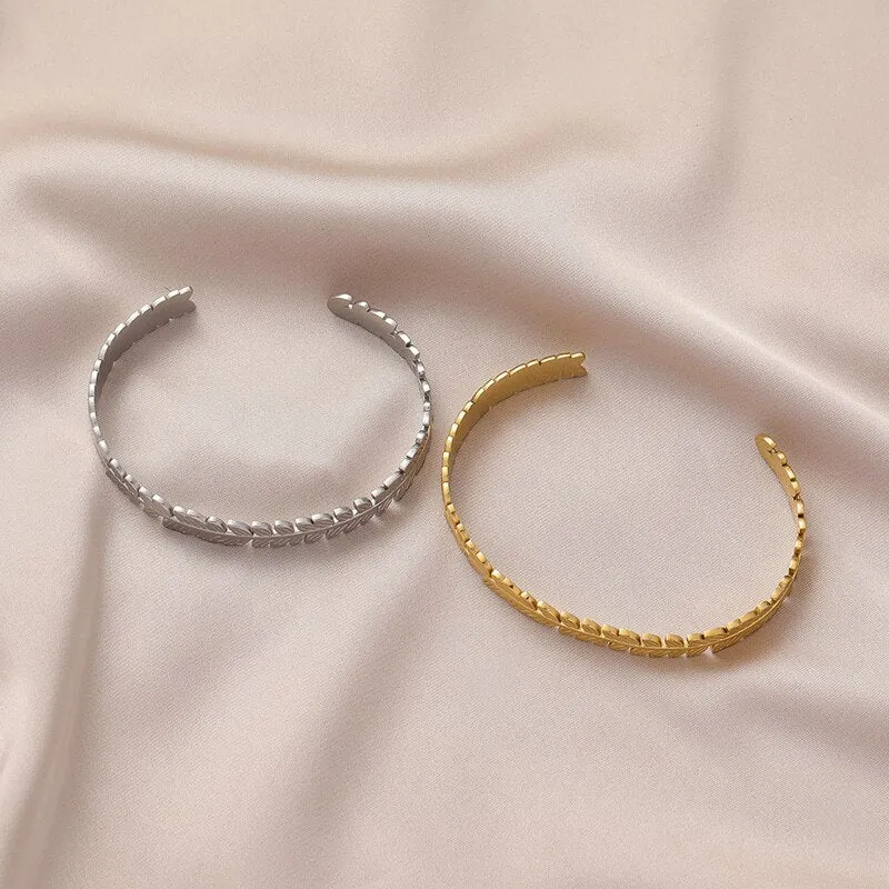 316L Stainless Steel Leaf Open Bangle For Women