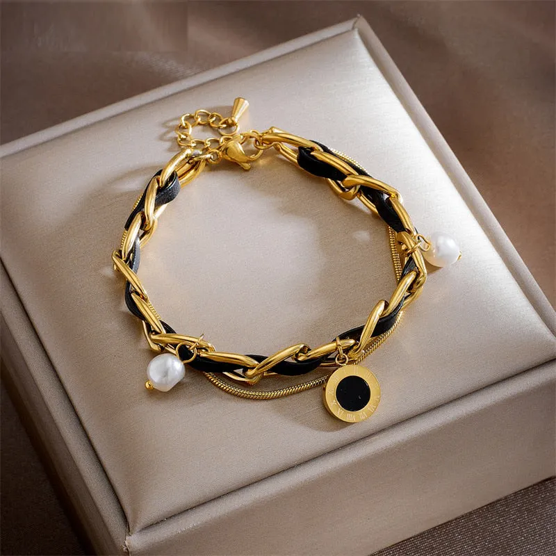 316L Stainless Steel Pearl Roman Numeral Dial Charm Bracelet For Women