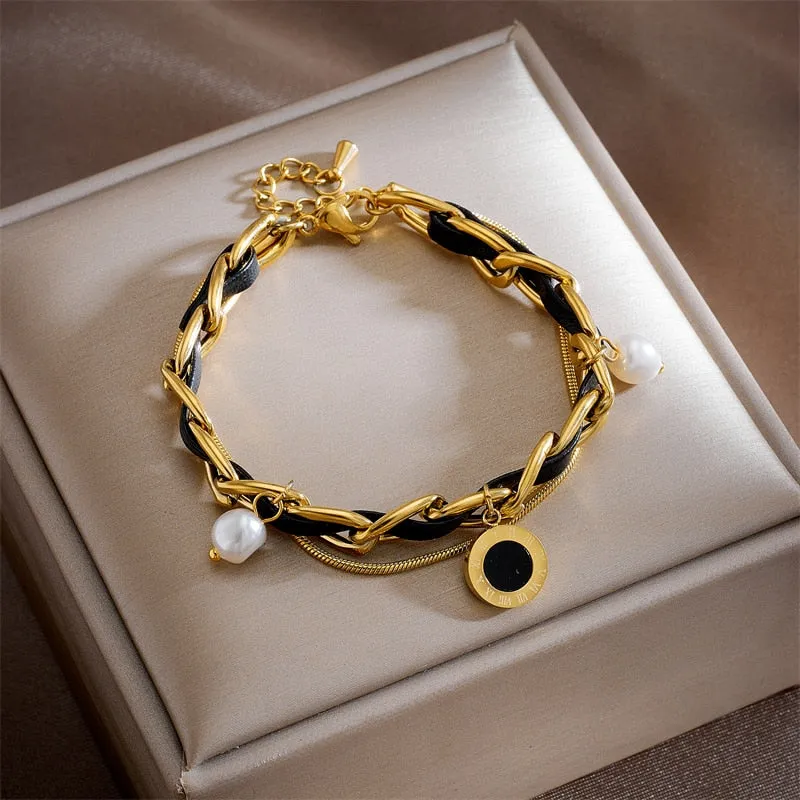 316L Stainless Steel Pearl Roman Numeral Dial Charm Bracelet For Women