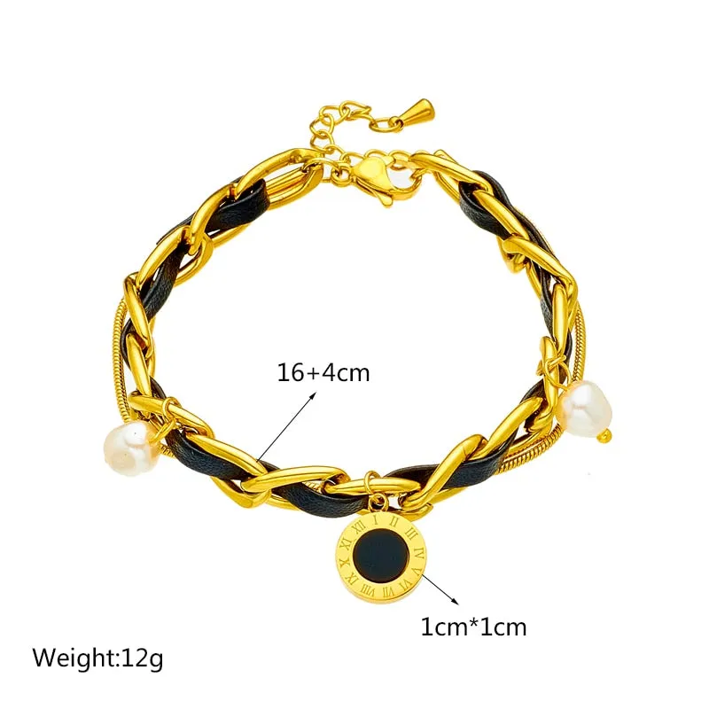 316L Stainless Steel Pearl Roman Numeral Dial Charm Bracelet For Women
