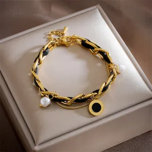 316L Stainless Steel Pearl Roman Numeral Dial Charm Bracelet For Women