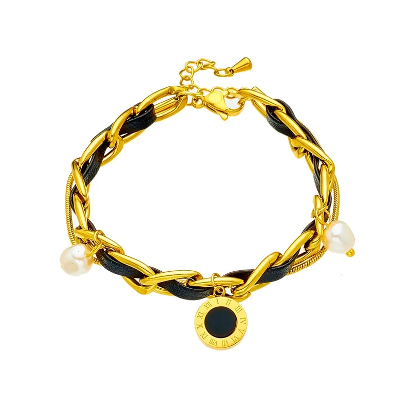 316L Stainless Steel Pearl Roman Numeral Dial Charm Bracelet For Women
