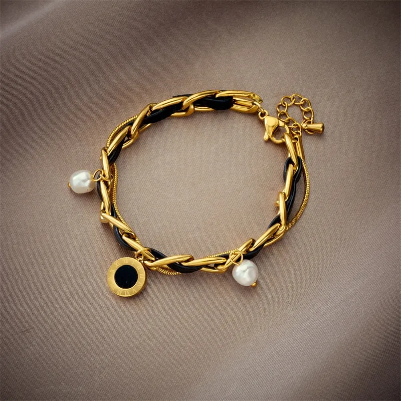 316L Stainless Steel Pearl Roman Numeral Dial Charm Bracelet For Women