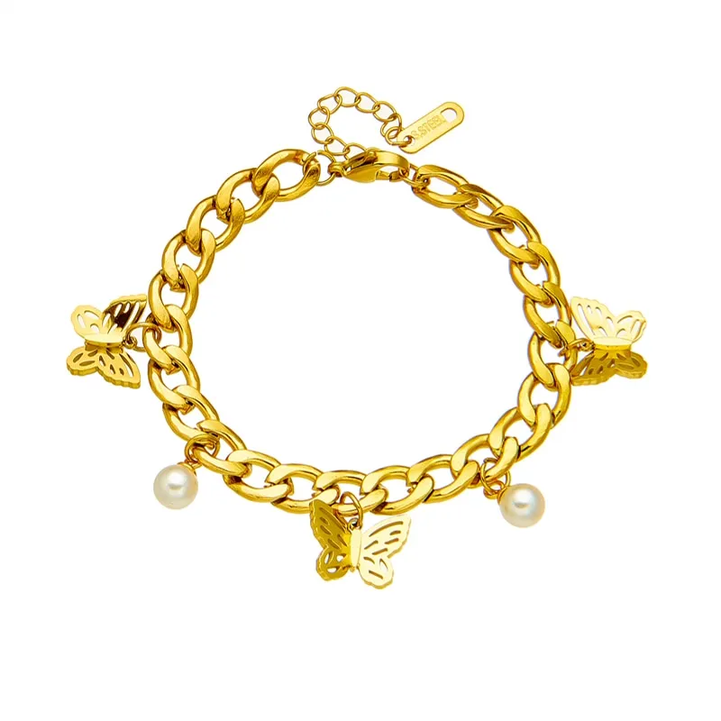 316L Stainless Steel Women Butterfly Pearl Charm Bracelet