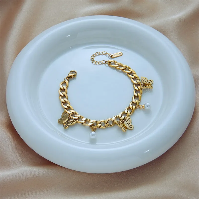316L Stainless Steel Women Butterfly Pearl Charm Bracelet