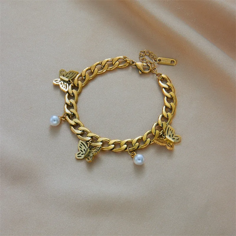 316L Stainless Steel Women Butterfly Pearl Charm Bracelet