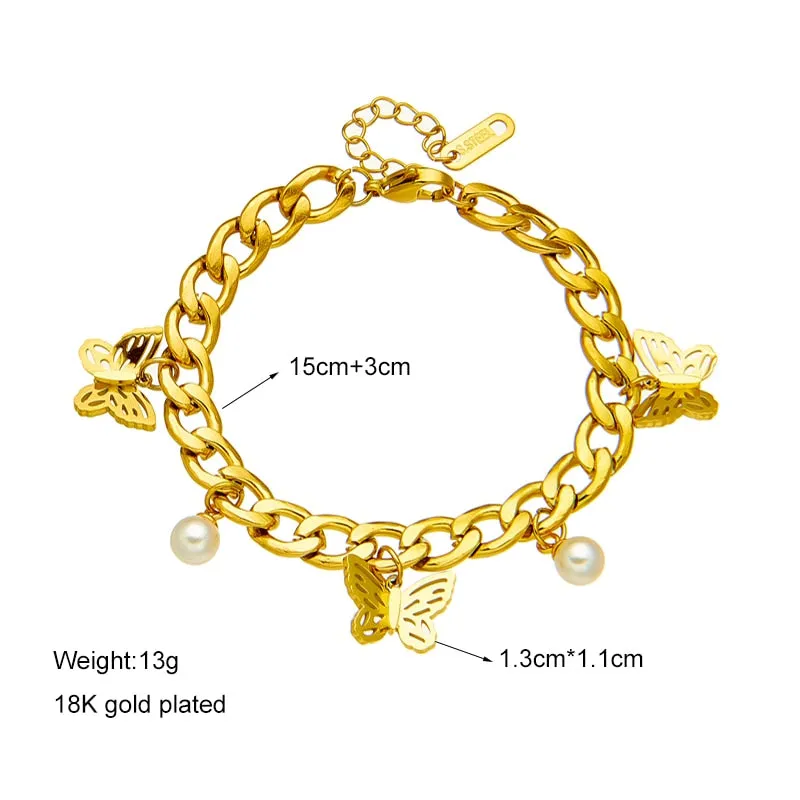 316L Stainless Steel Women Butterfly Pearl Charm Bracelet