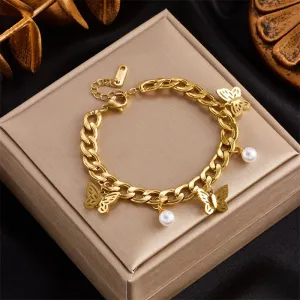 316L Stainless Steel Women Butterfly Pearl Charm Bracelet