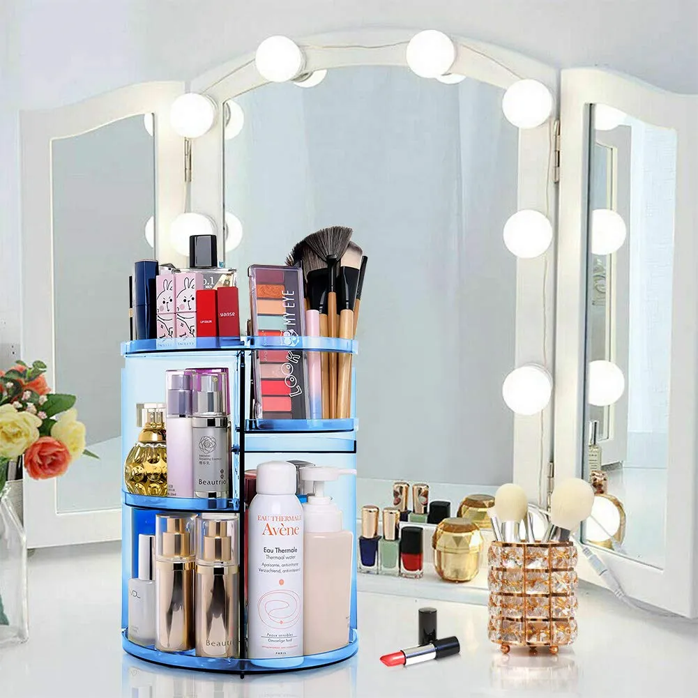 360 Rotating Makeup Organizer, Makeup Carousel Spinning Holder Storage Rack, Large Capacity Make up Caddy Shelf Cosmetics Organizer, Great for Countertop, Blue