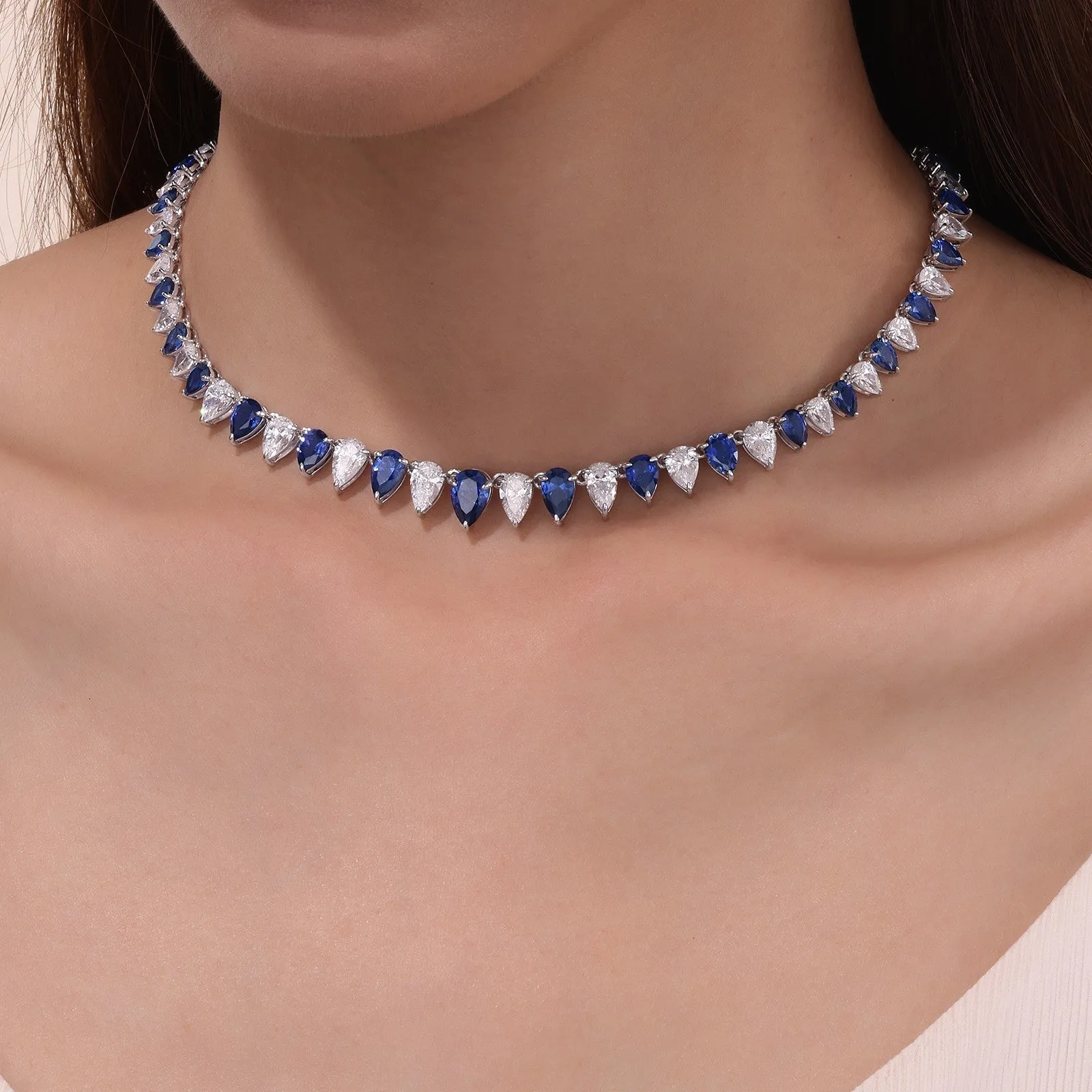 38 CTW Fancy Lab-Grown Sapphire Tennis Choker Necklace SYN029SP16