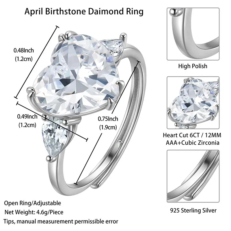 6Ct Women Heart Engagement Ring 925 Sterling Silver April Birthstone Ring Diamond Crystal Promise Wedding Bridal Jewelry Girls Gifts