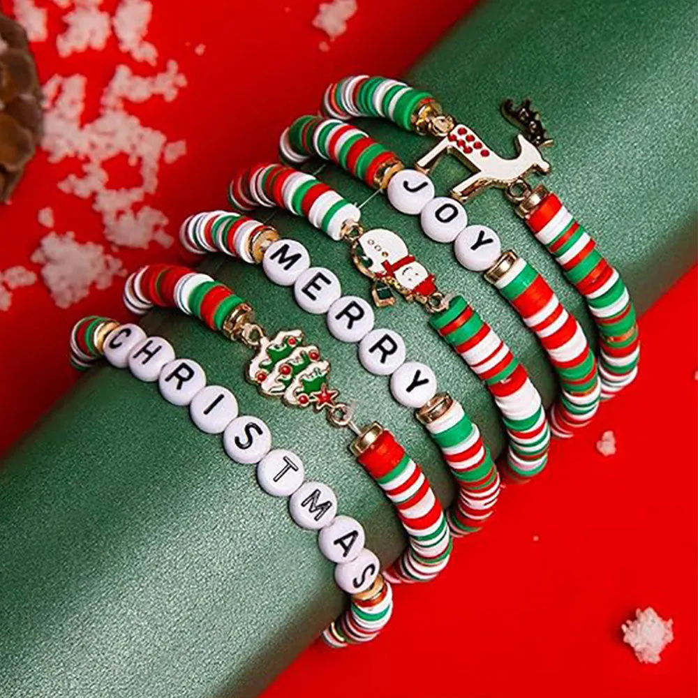 6Pcs Christmas Bracelets Elastic Cute Letter Bracelet Hand Decoration Green