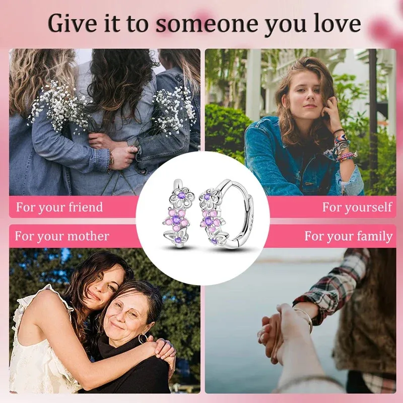 925 Sterling Silver Butterfly Hoop Earrings Pink / Purple Floral Design Fits Charms Fashion Jewelry For Women