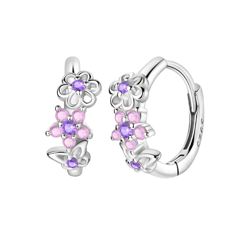 925 Sterling Silver Butterfly Hoop Earrings Pink / Purple Floral Design Fits Charms Fashion Jewelry For Women