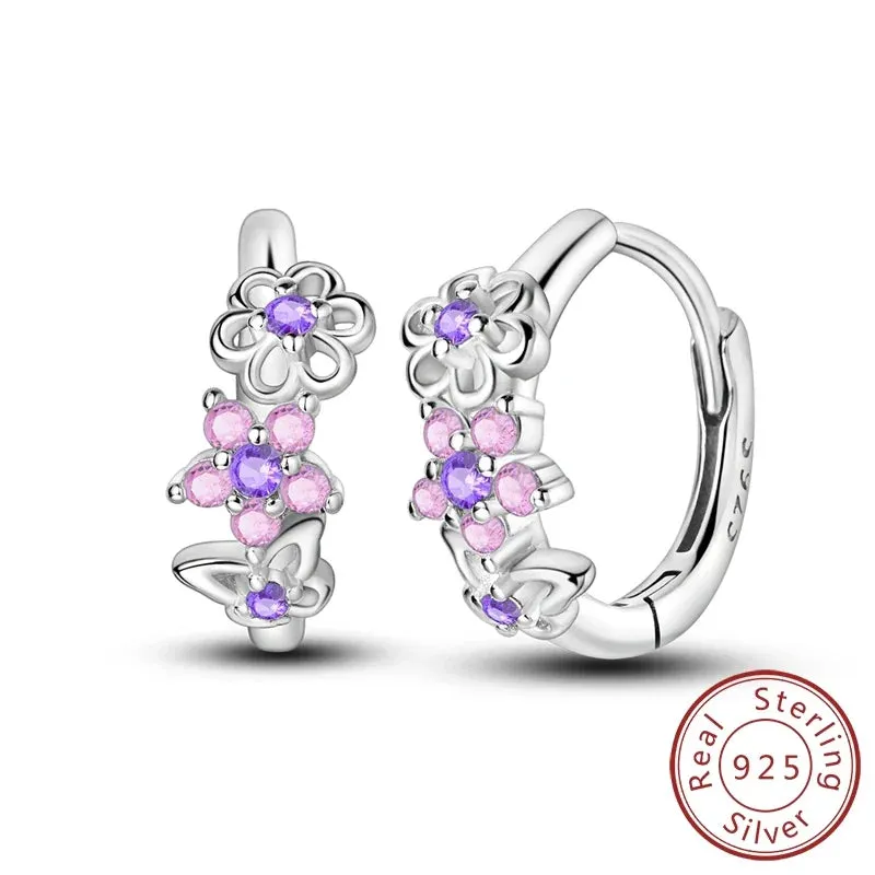 925 Sterling Silver Butterfly Hoop Earrings Pink / Purple Floral Design Fits Charms Fashion Jewelry For Women