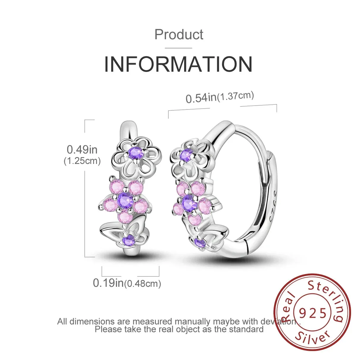 925 Sterling Silver Butterfly Hoop Earrings Pink / Purple Floral Design Fits Charms Fashion Jewelry For Women