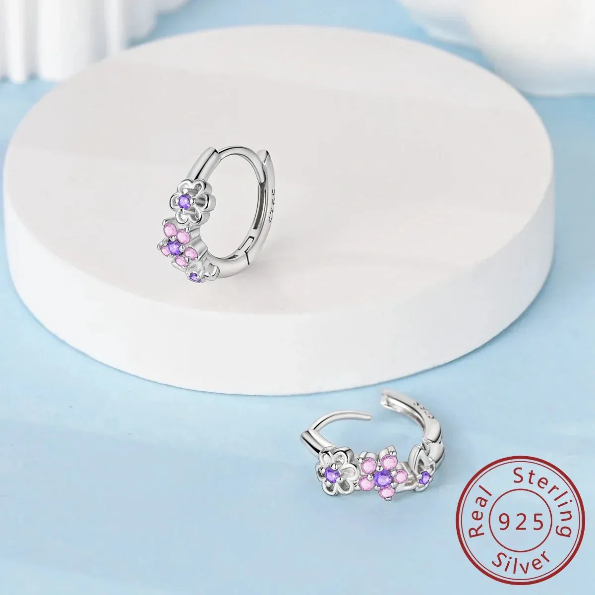 925 Sterling Silver Butterfly Hoop Earrings Pink / Purple Floral Design Fits Charms Fashion Jewelry For Women