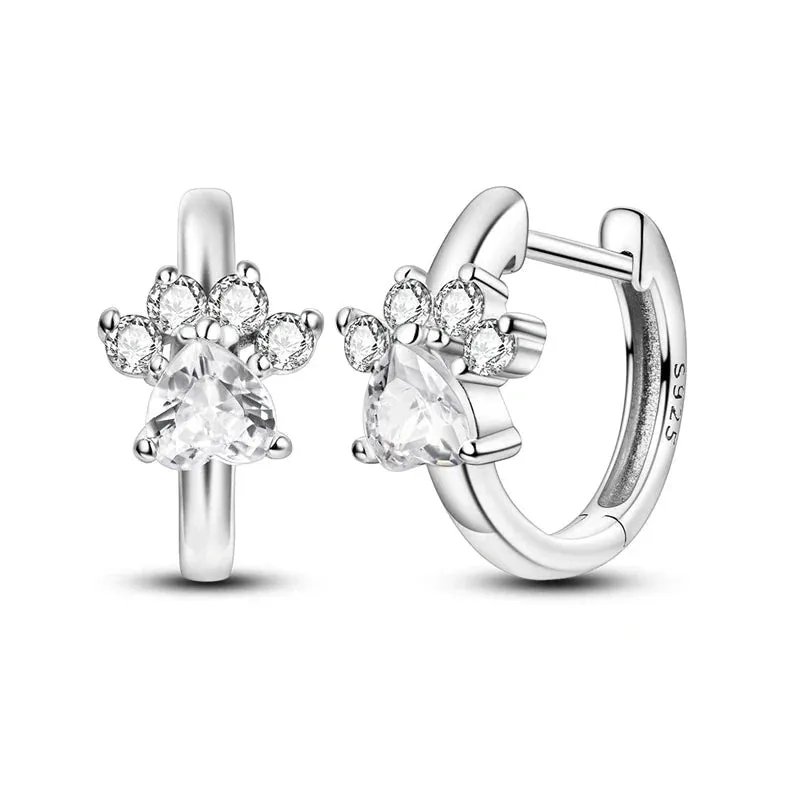 925 Sterling Silver Paw Print Hoop Earrings For Women Fine Jewelry