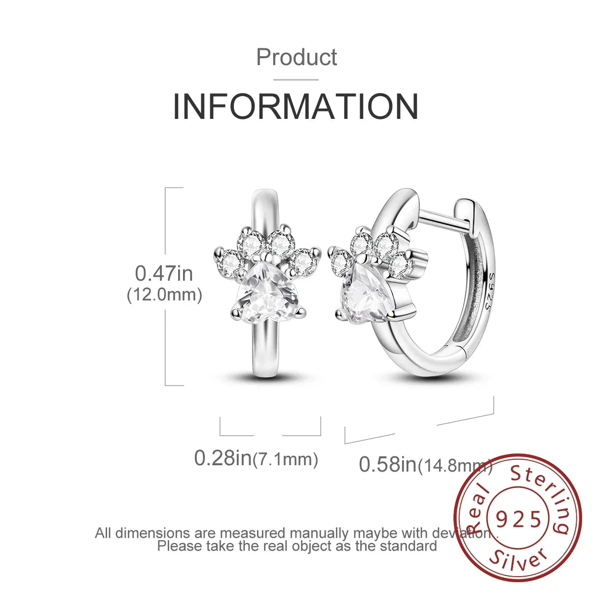 925 Sterling Silver Paw Print Hoop Earrings For Women Fine Jewelry