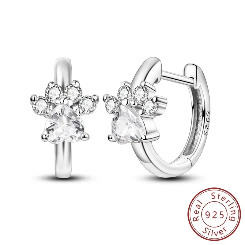 925 Sterling Silver Paw Print Hoop Earrings For Women Fine Jewelry