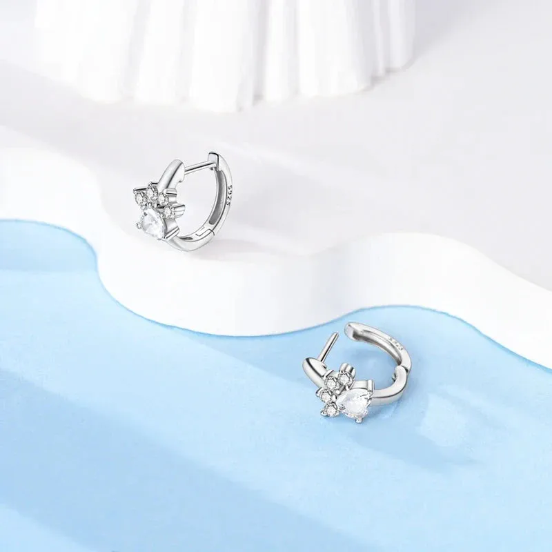 925 Sterling Silver Paw Print Hoop Earrings For Women Fine Jewelry