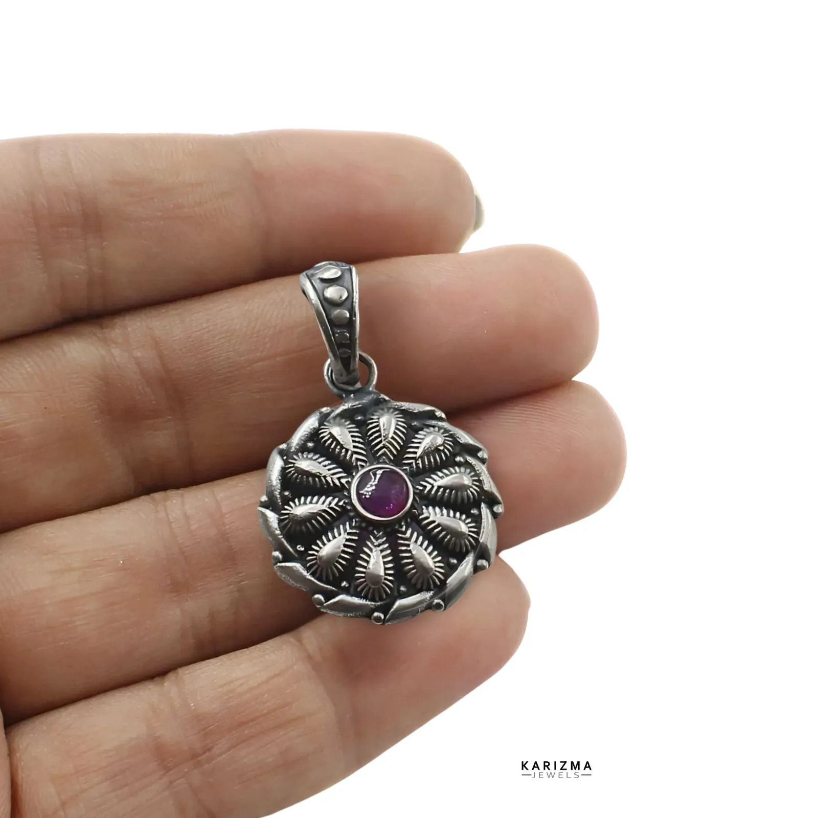 925 Sterling Silver Pink CZ Oxidized Women stylish floral Pendant