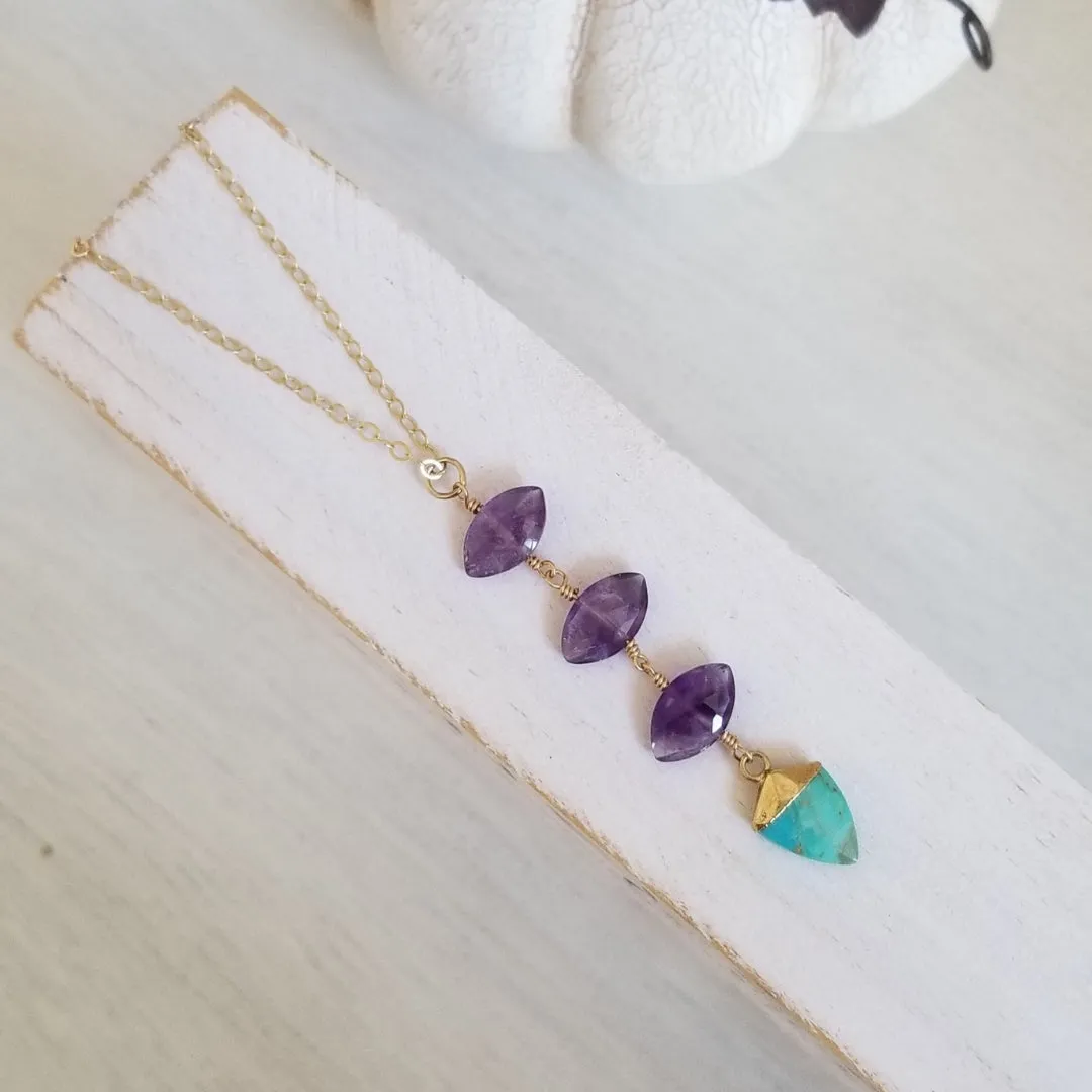 Amethyst and Turquoise Center Drop Necklace, Long Gemstone Pendant Necklace