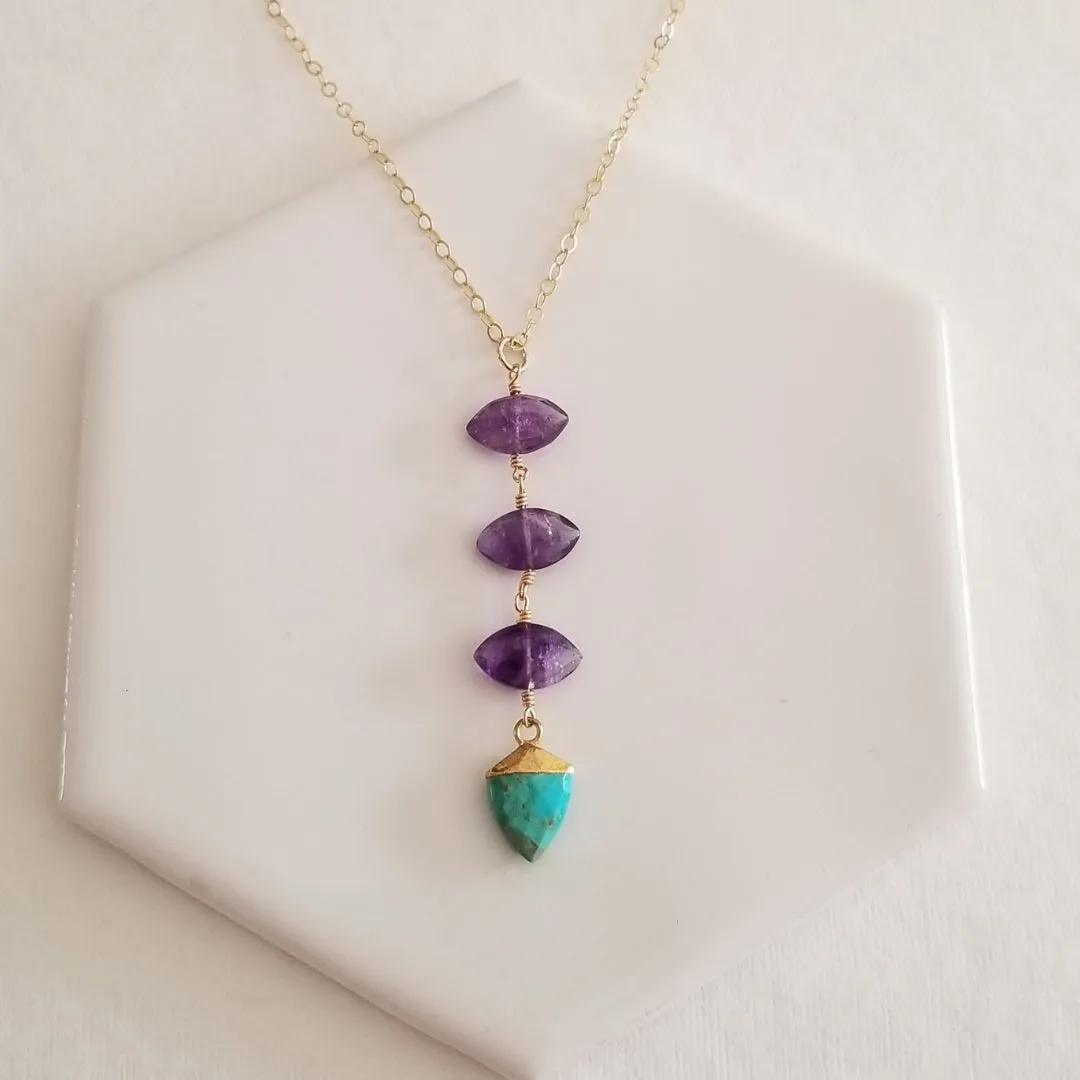 Amethyst and Turquoise Center Drop Necklace, Long Gemstone Pendant Necklace