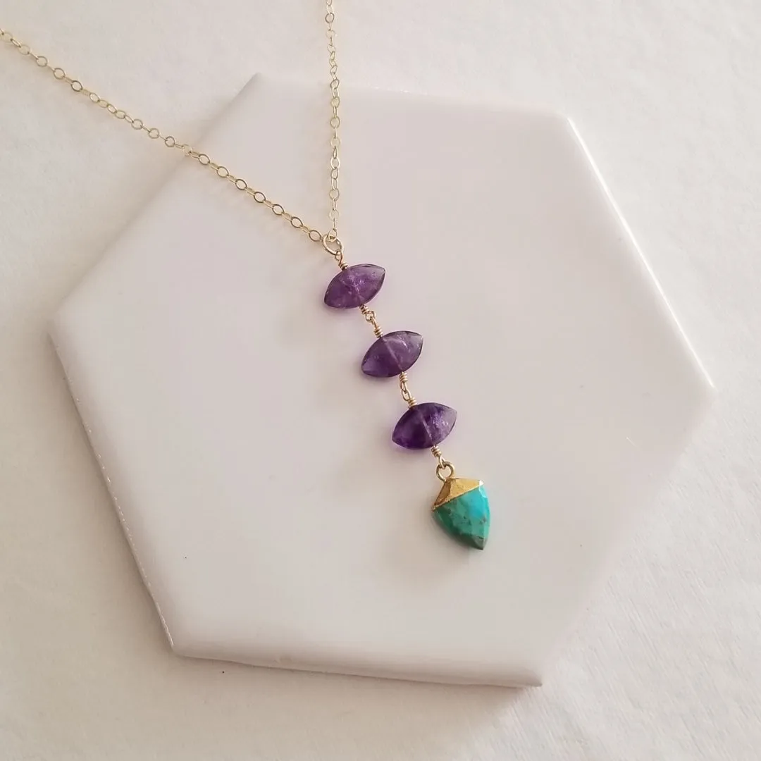 Amethyst and Turquoise Center Drop Necklace, Long Gemstone Pendant Necklace