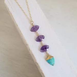 Amethyst and Turquoise Center Drop Necklace, Long Gemstone Pendant Necklace