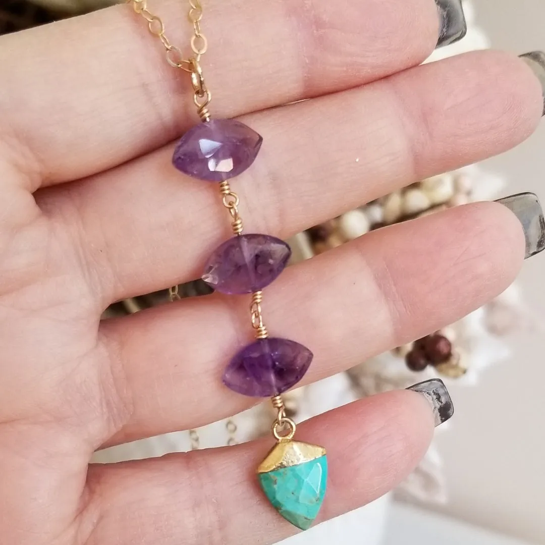 Amethyst and Turquoise Center Drop Necklace, Long Gemstone Pendant Necklace