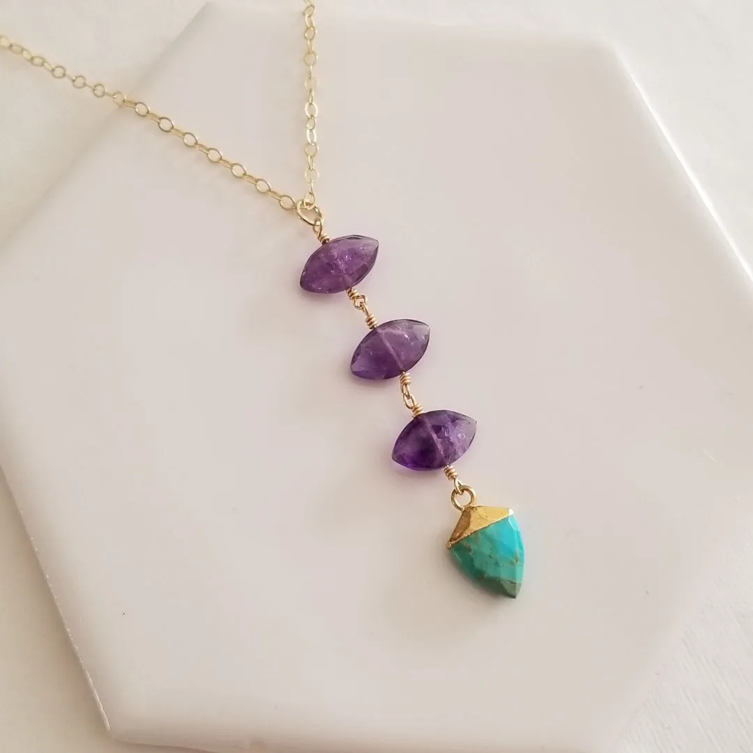 Amethyst and Turquoise Center Drop Necklace, Long Gemstone Pendant Necklace