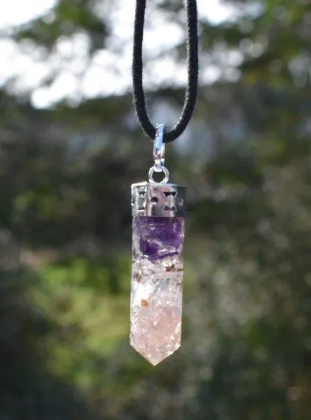 Amethyst, Clear Quartz & Rose Quartz Crystals Orgone Orgonite Pendant Necklace