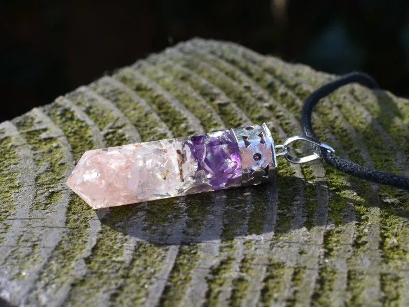 Amethyst, Clear Quartz & Rose Quartz Crystals Orgone Orgonite Pendant Necklace
