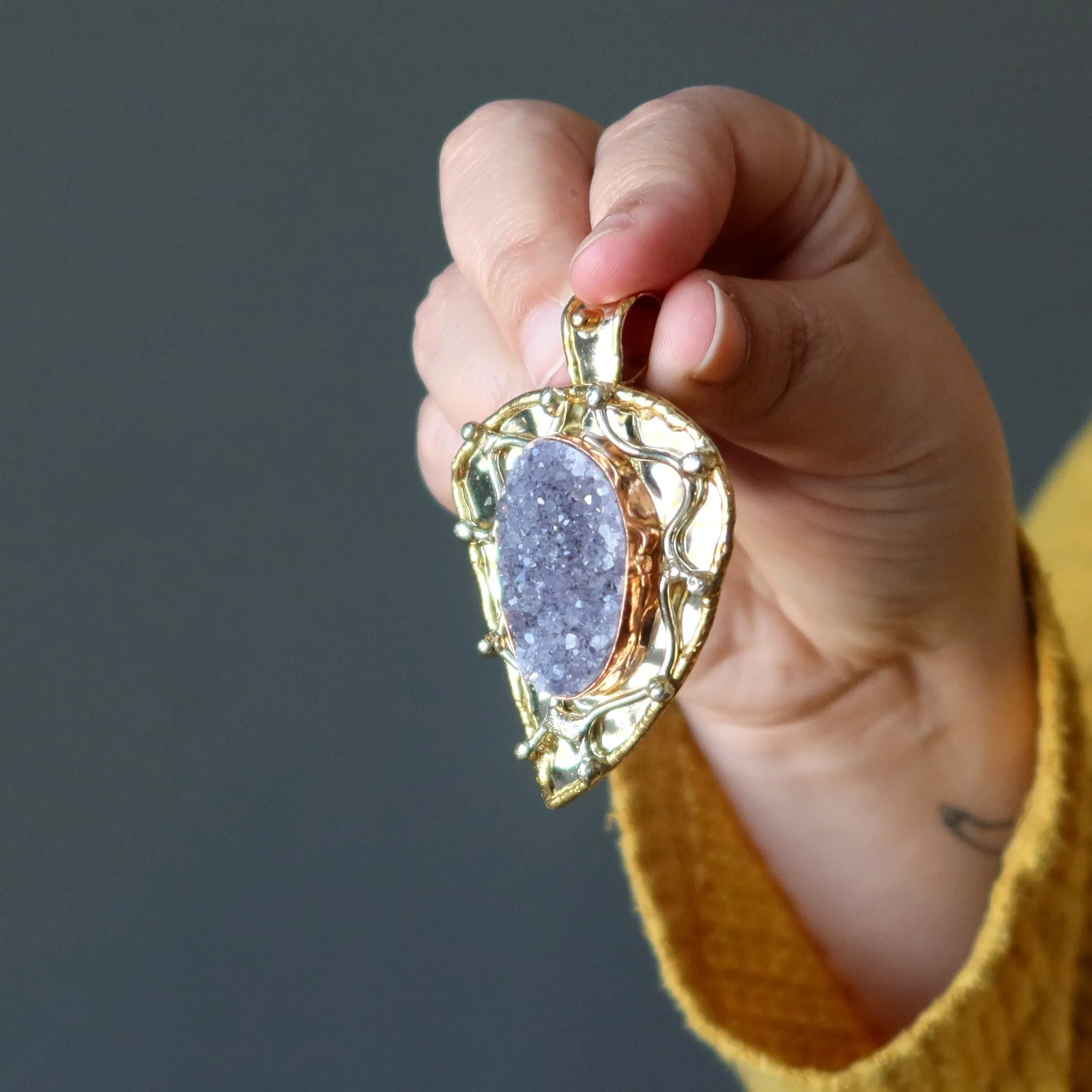 Amethyst Pendant Meaning of Life Gold Leaf Druzy Crystal