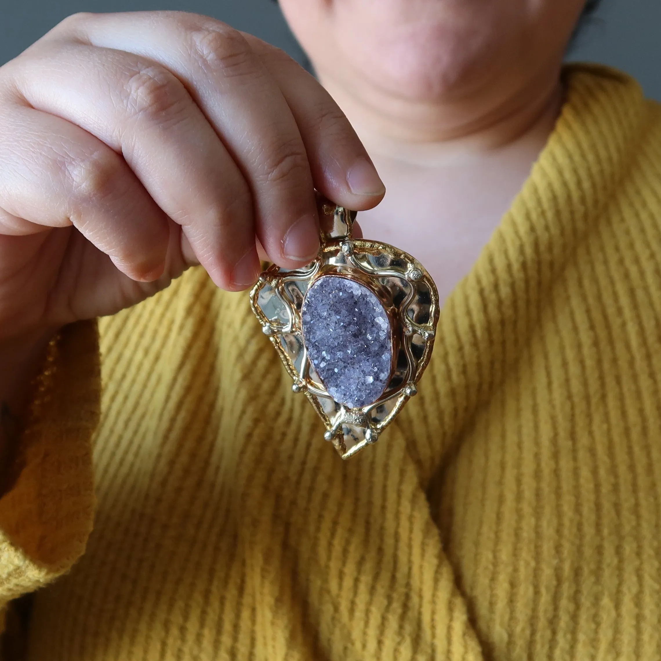 Amethyst Pendant Meaning of Life Gold Leaf Druzy Crystal