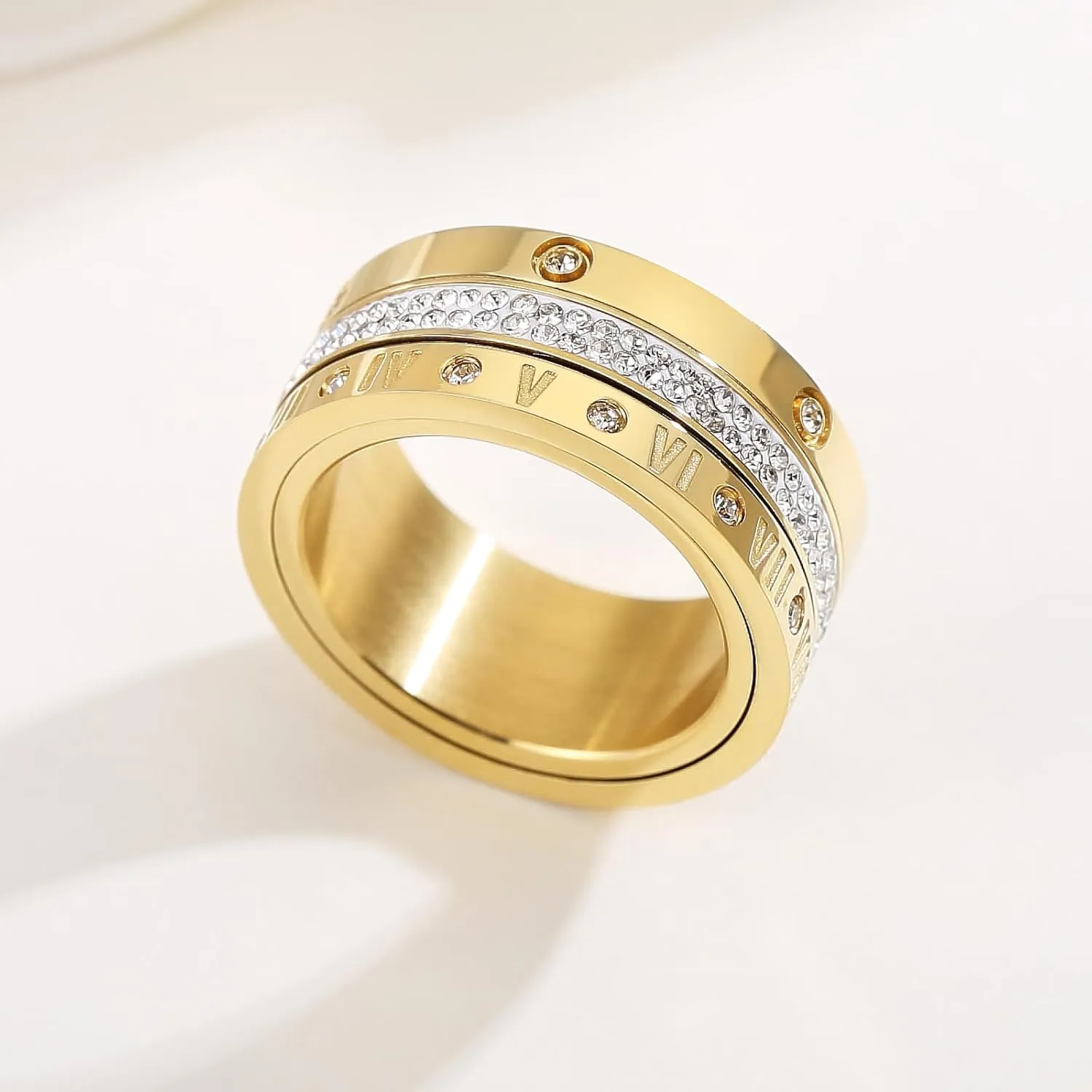 Anxiety Fidget Ring Love Friendship Gold Rings for Women 14K Gold Plated Titanium Steel Dainty Cubic Zirconia Rings Stacking Bands 3 In 1 Spinner Rings for Men Valentines Day Mother's Day Christmas Day Best Gifts