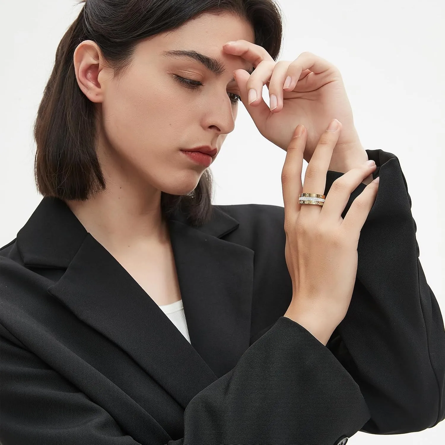 Anxiety Fidget Ring Love Friendship Gold Rings for Women 14K Gold Plated Titanium Steel Dainty Cubic Zirconia Rings Stacking Bands 3 In 1 Spinner Rings for Men Valentines Day Mother's Day Christmas Day Best Gifts