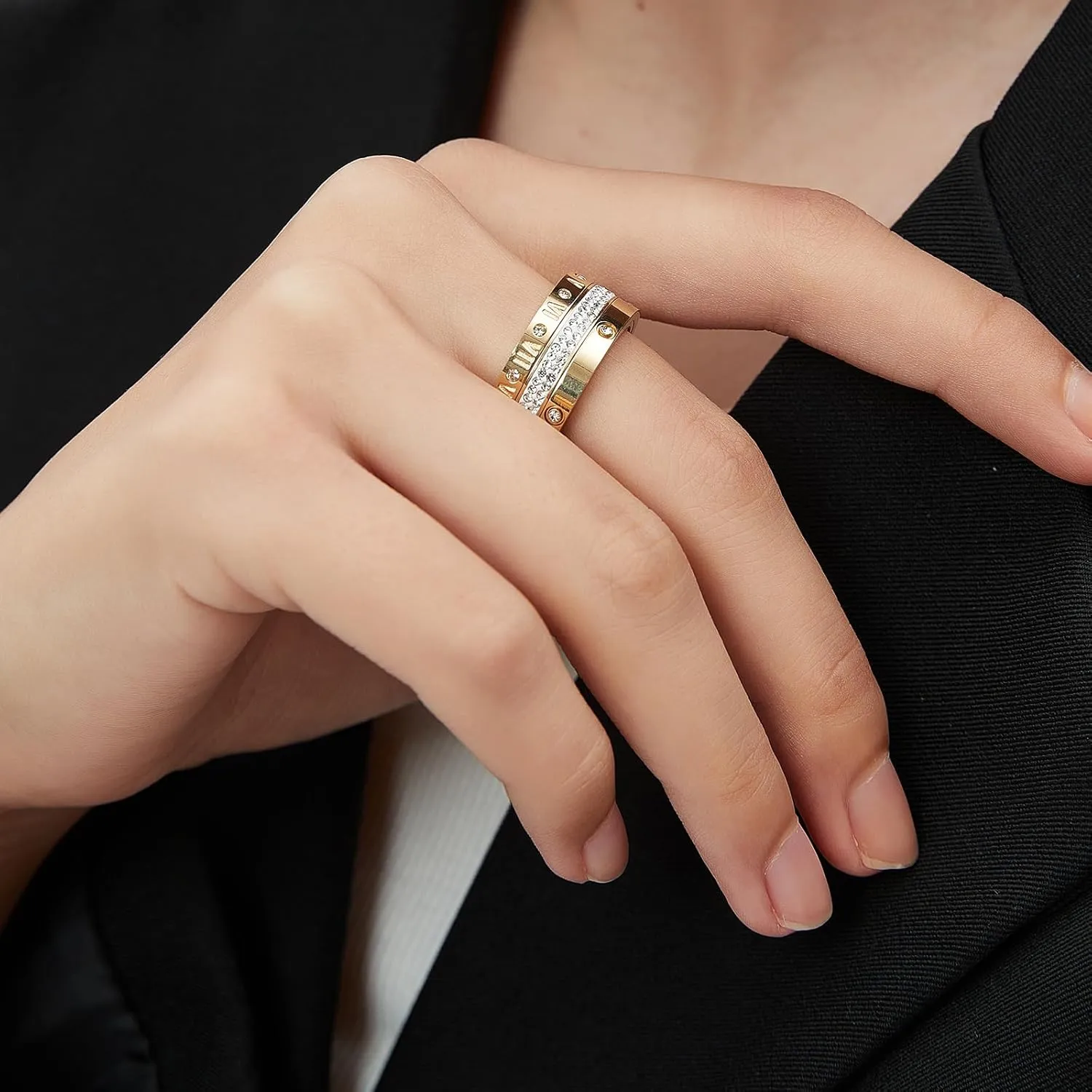 Anxiety Fidget Ring Love Friendship Gold Rings for Women 14K Gold Plated Titanium Steel Dainty Cubic Zirconia Rings Stacking Bands 3 In 1 Spinner Rings for Men Valentines Day Mother's Day Christmas Day Best Gifts