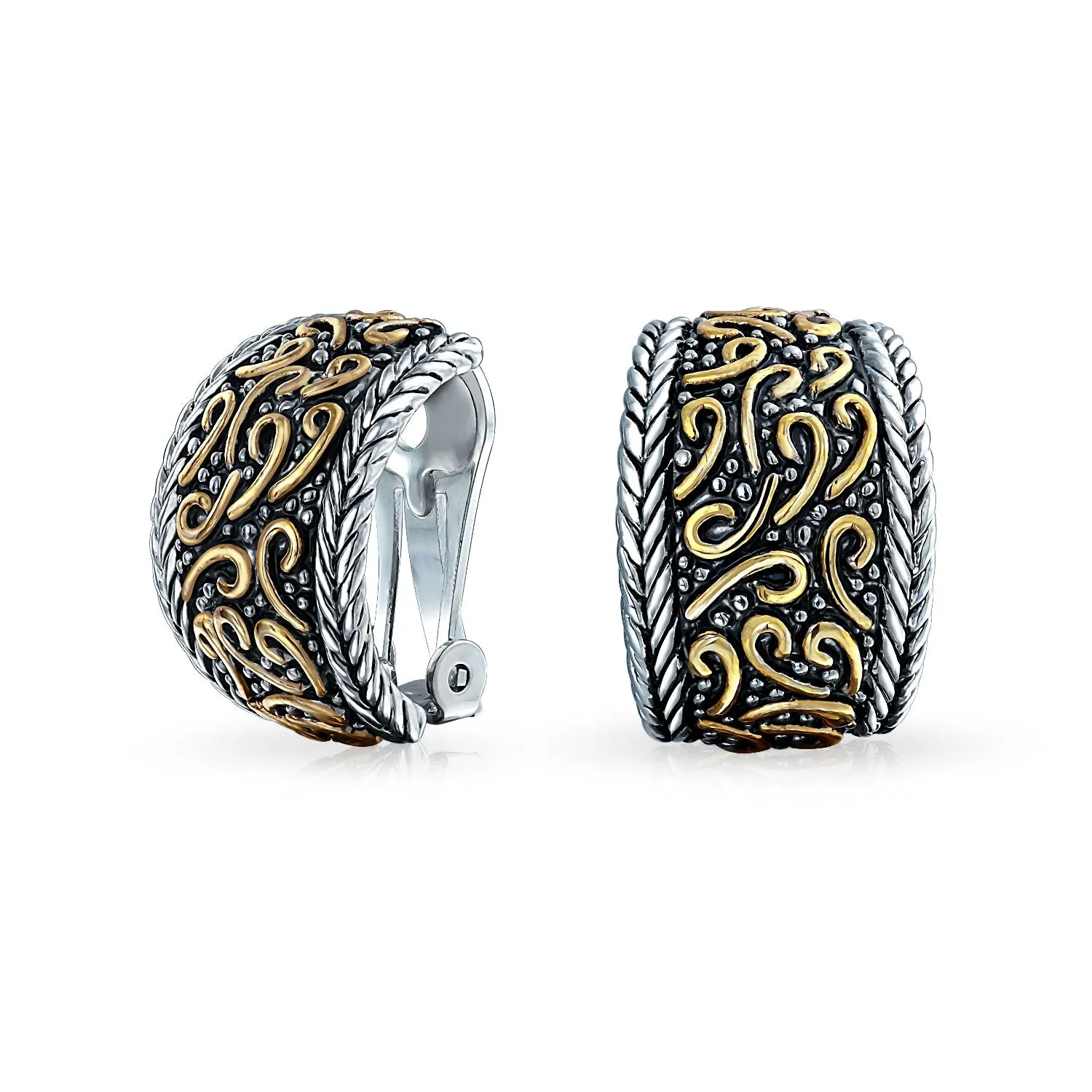 Bali Style Swirl Two Tone Clip-On Earrings Non-Pierced Black & Gold Brass