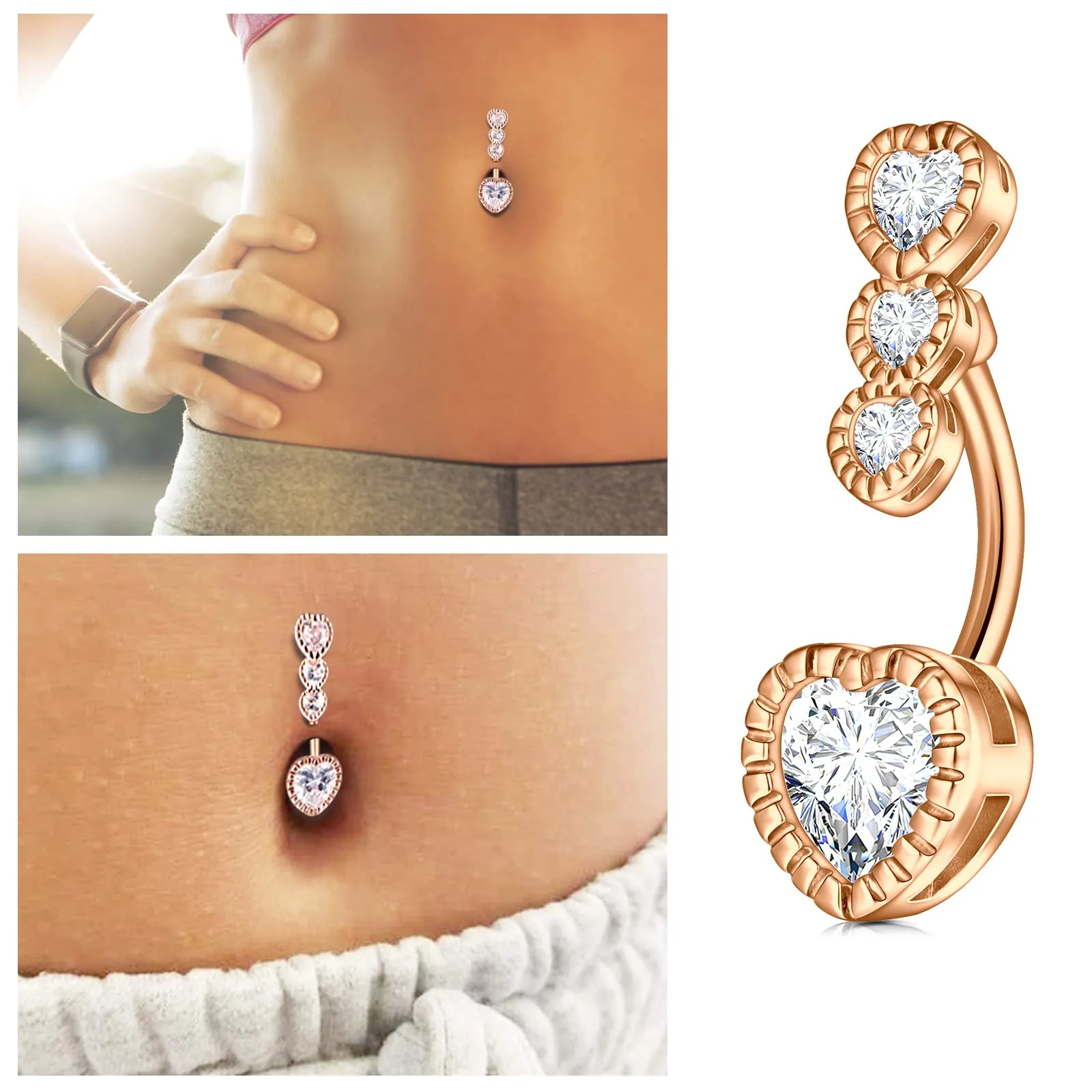 Belly Button Piercing kit,14G Stainless Steel Rose Gold Belly Button Ring with 12G Piercing Needles and Piercing Clamps Body Piercing Tool for Navel Belly Piercing
